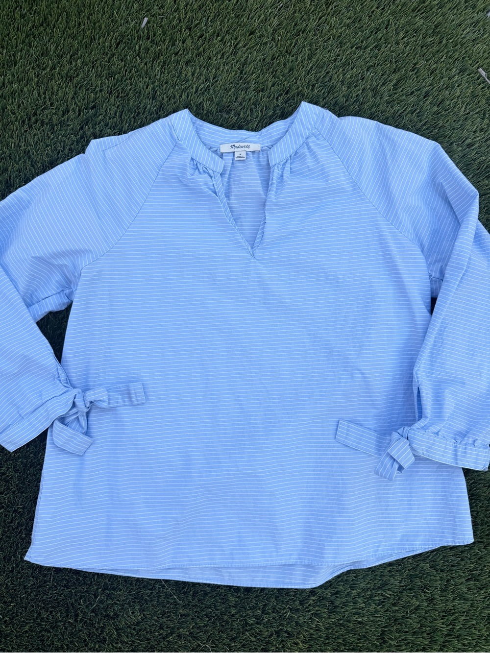 Madewell Light Blue and White Striped Popover Top with Tie Sleeves